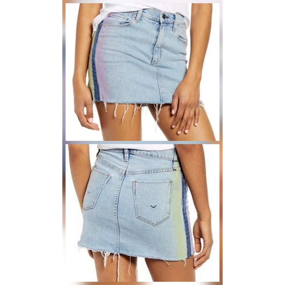 NWT Hudson Viper Mini Skirt Blue Rainbow Spray Paint Raw‎ Hem size 30